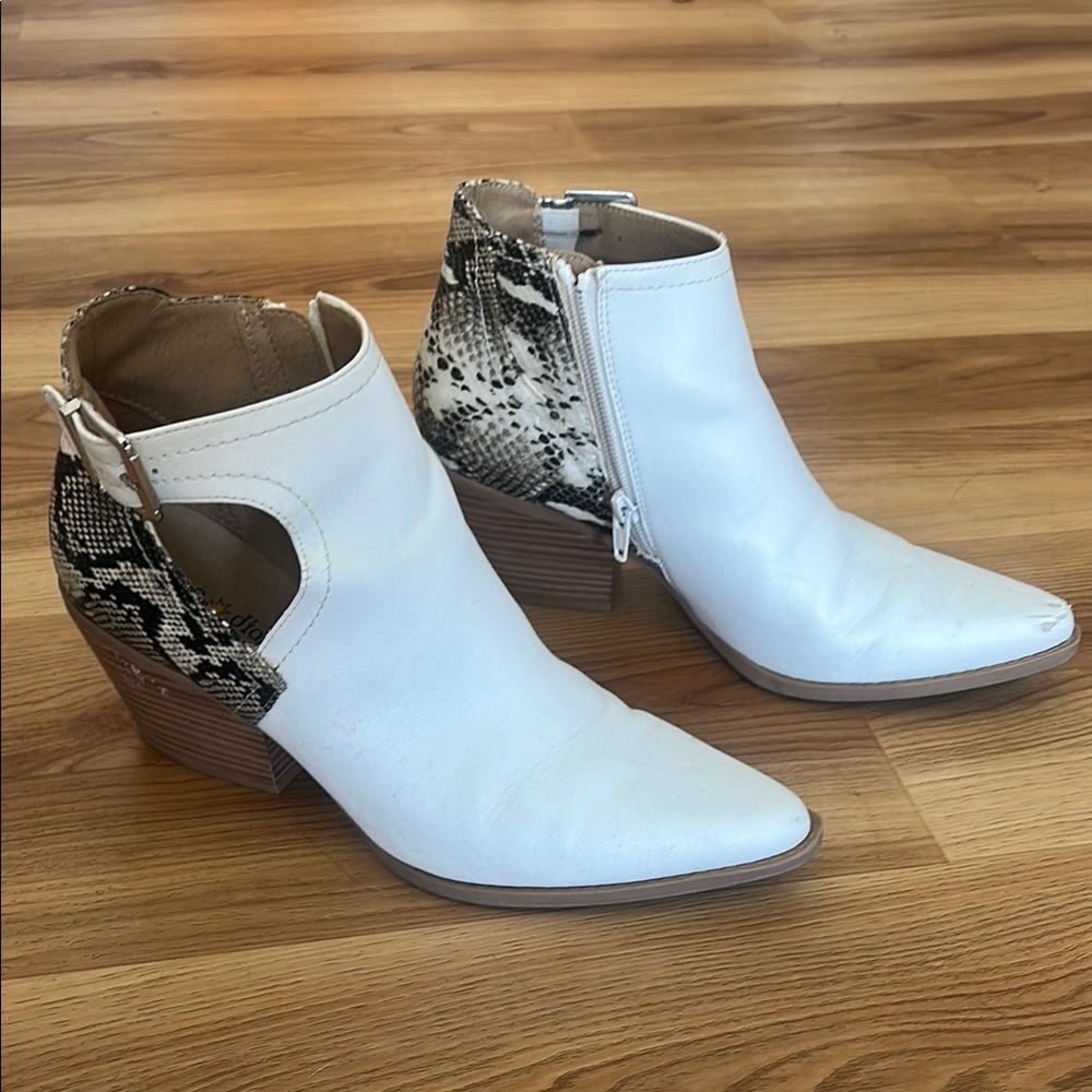 White Ankle Booties with Snakeskin Accent by Seven Dials